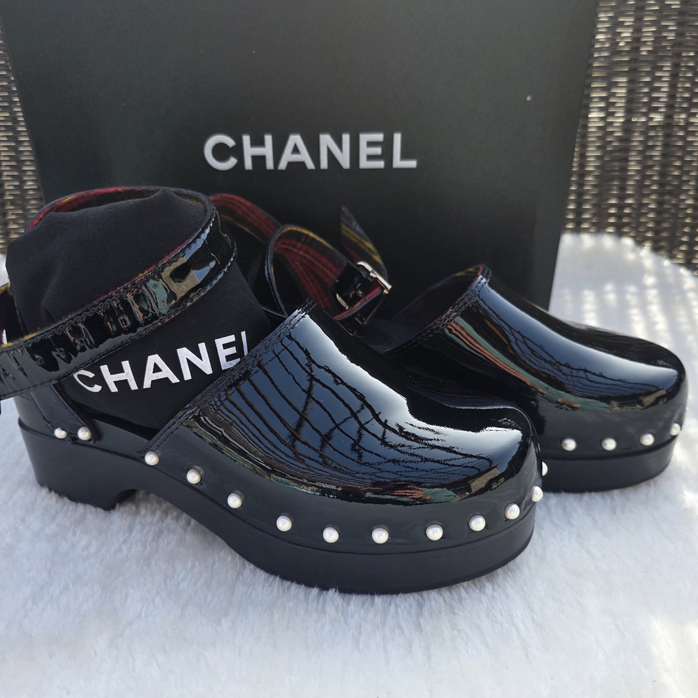 Chanel Black Patent Leather Clogs